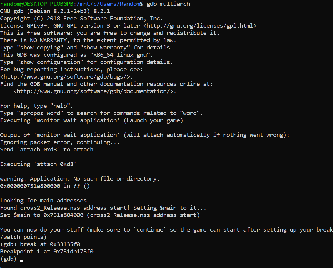 Running gdb-multiarch and entering 'break_at 0x33135f0'